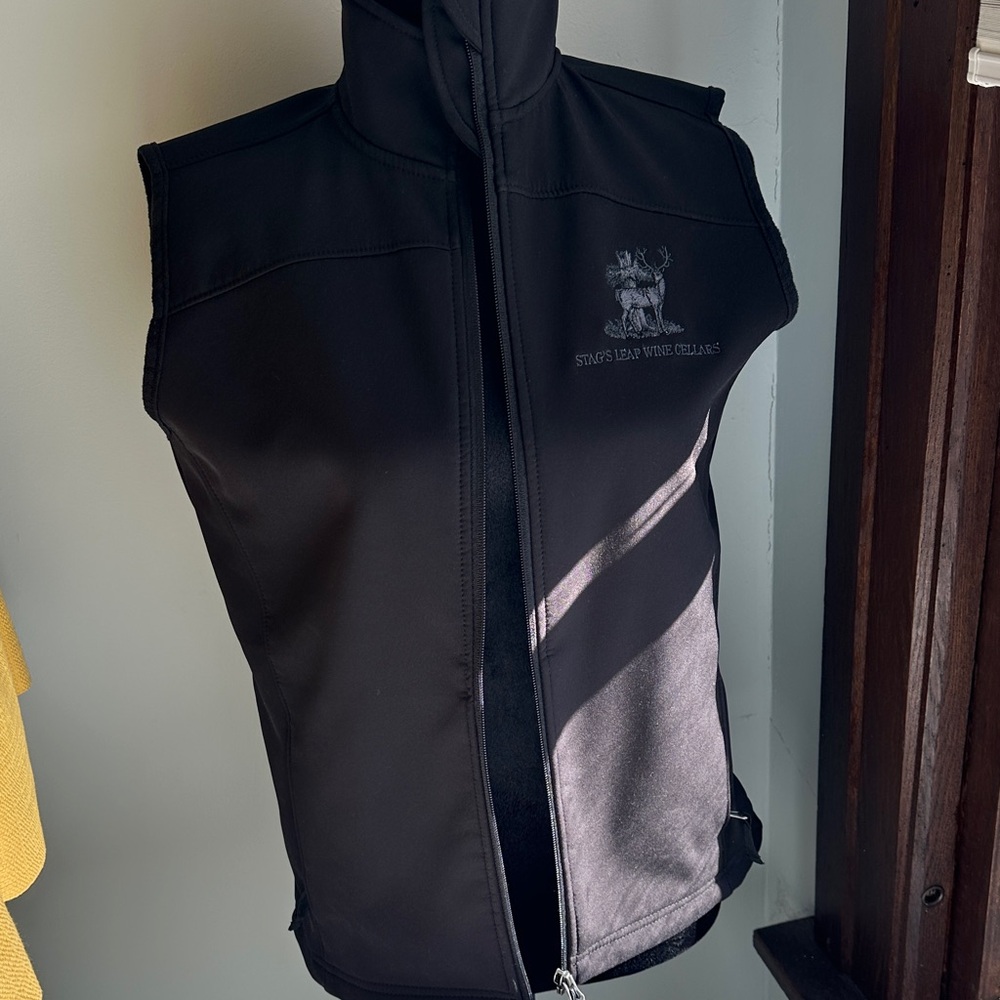Black Softshell Vest with Embroidered Logo of Stag’s Leap Vineyard.